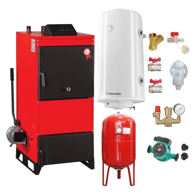 Set Centrala pe combustibil solid Fiama D2-60 Putere 70 kW, cu Ventilator si Automatizare, Boiler Termoelectric, Pompa, Vas Expansiune si Fitinguri