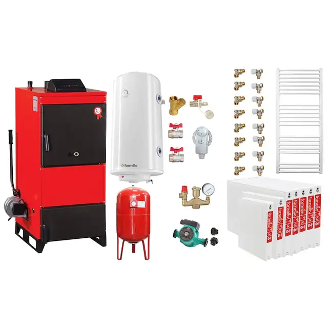 Set Centrala pe combustibil solid Fiama D2-60 Putere 70 kW, cu Ventilator si Automatizare, Radiatoare Otel, Boiler Termoelectric, Pompa, Vas Expansiune si Fitinguri