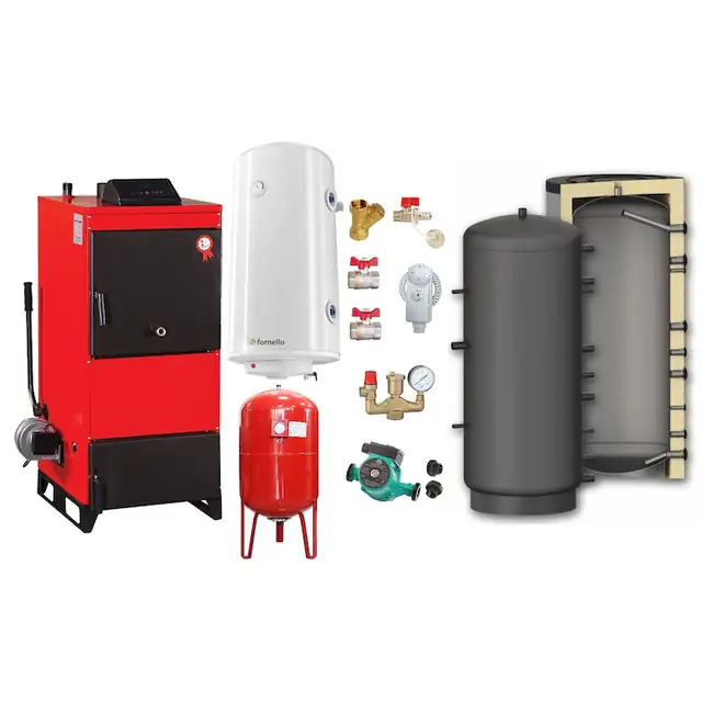 Set Centrala pe combustibil solid Fiama D2-60 Putere 70 kW, cu Ventilator si Automatizare, Puffer 1000 litri, Boiler Termoelectric, Pompa, Vas Expansiune si Fitinguri