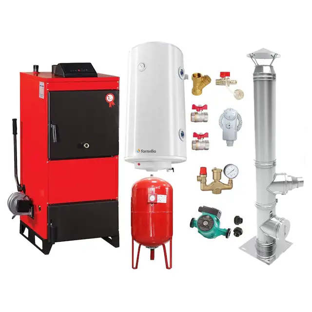 Set Centrala pe combustibil solid Fiama D2-60 Putere 70 kW, cu Ventilator si Automatizare, Cos inox, Boiler Termoelectric, Pompa, Vas Expansiune si Fitinguri