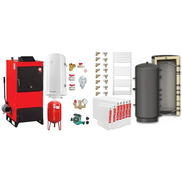 Set Centrala pe combustibil solid Fiama D2-60 Putere 70 kW, cu Ventilator si Automatizare, Puffer 1000 litri, Radiatoare Otel, Boiler Termoelectric, Pompa, Vas Expansiune si Fitinguri