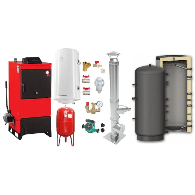 Set Centrala pe combustibil solid Fiama D2-60 Putere 70 kW, cu Ventilator si Automatizare, Puffer 1000 litri, Cos inox, Boiler Termoelectric, Pompa, Vas Expansiune si Fitinguri