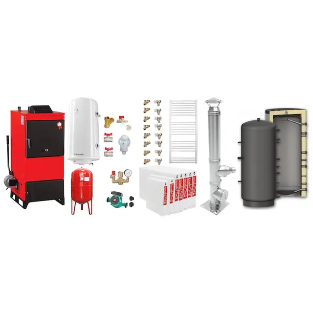 Set Centrala pe combustibil solid Fiama D2-60 Putere 70 kW, cu Ventilator si Automatizare, Puffer 1000 litri, Cos inox, Radiatoare Otel, Boiler Termoelectric, Pompa, Vas Expansiune si Fitinguri