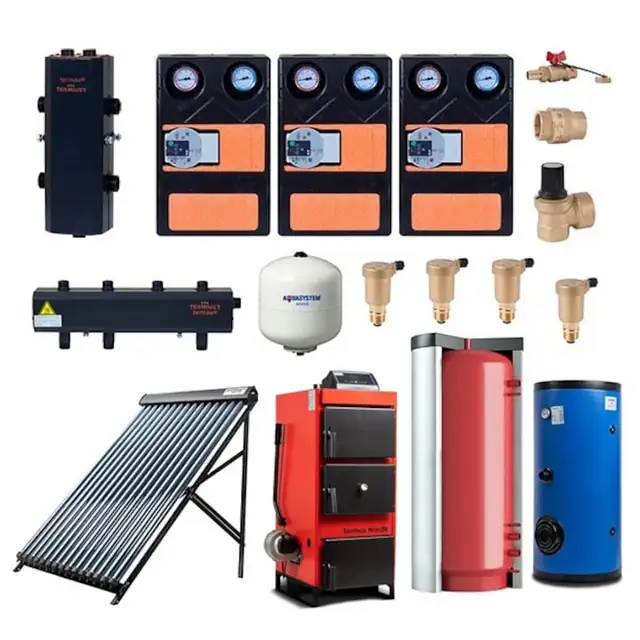 Pachet centrala/cazan Termax Nordik 46 kW echipata cu Puffer 1000 litri, Butelie de egalizare, Grupuri de pompare, Boiler stativ 200 litri, Colector solar 24 tuburi si accesorii