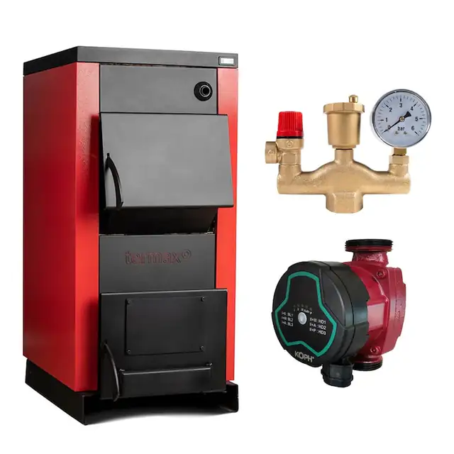 Pachet Centrala/Cazan pe lemn Termax 35 kW, cu ardere standard, volum manta apa 105 litri, Grup Siguranta, Pompa Recirculare