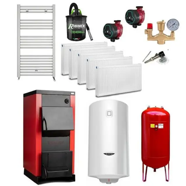 Pachet Centrala/Cazan pe lemn Termax 25 kW, cu ardere standard, volum manta apa 75 litri, grup siguranta, pompa recirculare, regulator de tiraj, vas expansiune, boiler, radiatoare, aspirator cenusa