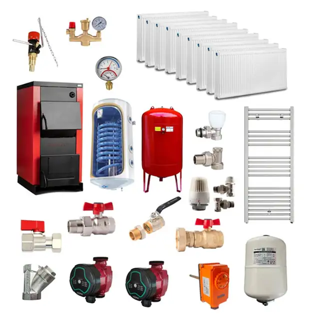 Pachet Centrala/Cazan pe lemn Termax 40 kW, cu ardere standard, volum manta apa 120 litri, Calorifere, Boiler termoelectric, Pompe recirculare, Vas expansiune
