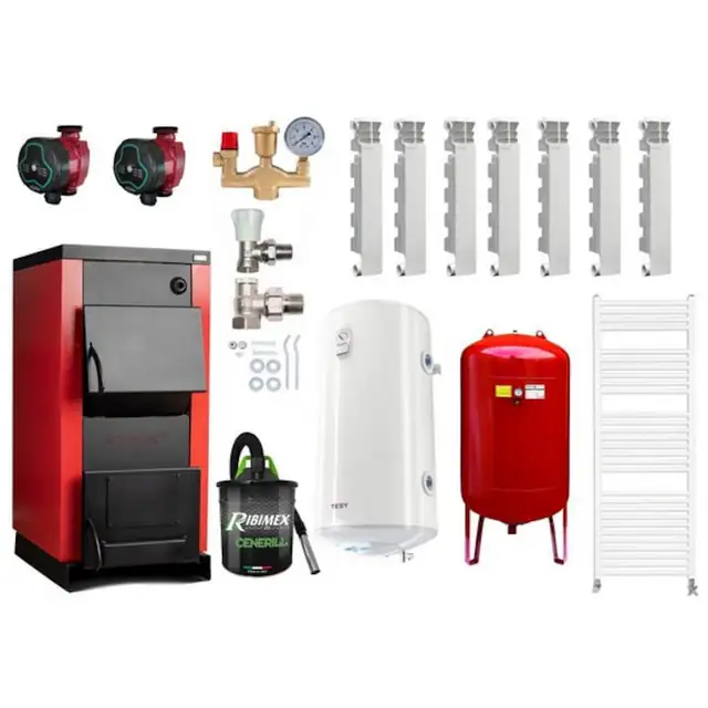 Pachet centrala/cazan pe lemn Termax 50 kW, cu ardere standard, volum manta apa 140 litri, Vas expansiune, Elementi din aluminiu Fondital, Robineti Tur/Retur, Aspirator cenusa