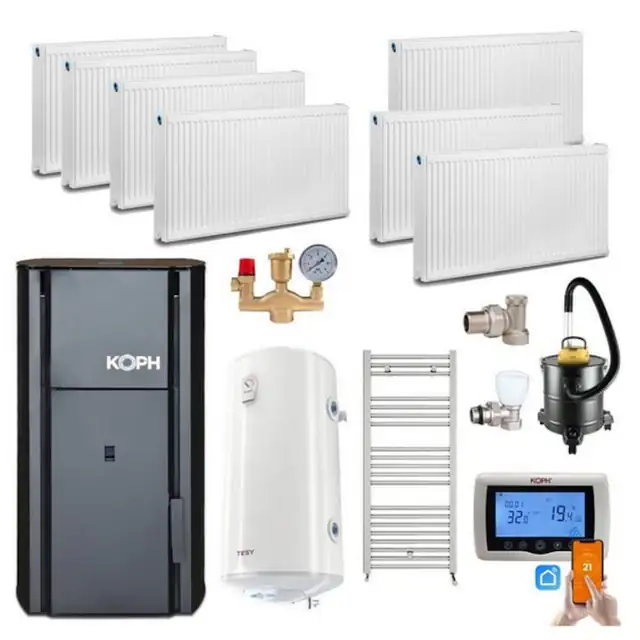 Pachet centrala cu peleti KOPH PM 30 kW, 200 mp, buncar peleti 30 kg, diametru cos fum ⌀80 mm, manta apa 30 litri, pompa recirculare si vas expansiune incorporate, Calorifere, Boiler Termoelectric Tesy 100 litri, Termostat inteligent KOPH CT99