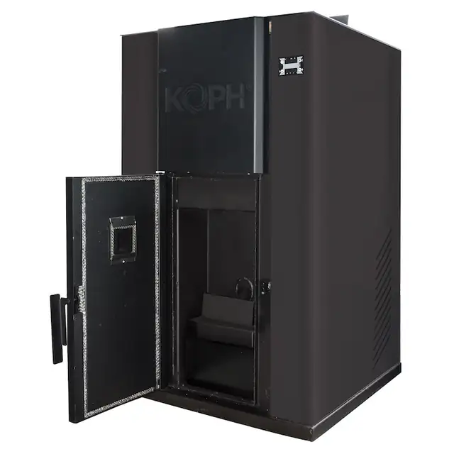 Centrala peleti KOPH PM 35 KW, 230 mp, buncar peleti 80 kg, diametru cos fum ⌀100 mm, pompa recirculare si vas expansiune incorporate, Negru