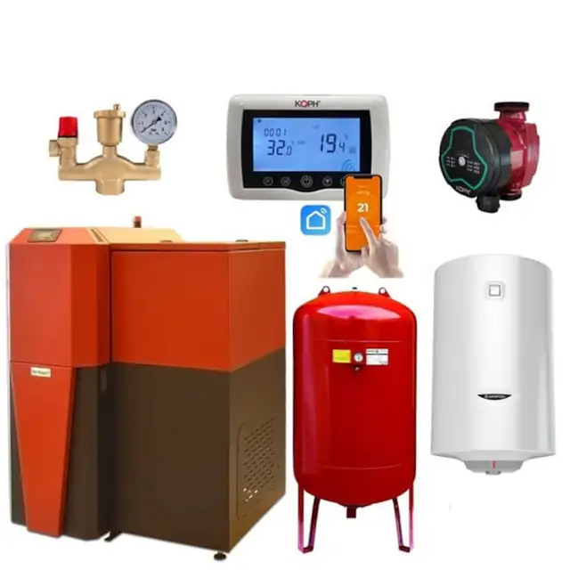 Pachet centrala mixta lemn/pelet Termax Tera 28 kW, 185 mp, buncar peleti 95 kg, volum manta apa 75 litri, diametru cos Ø120 mm, Termostat ambiental KOPH CT99, Pompa recirculare, Boiler termoelectric 100 litri, Grup siguranta