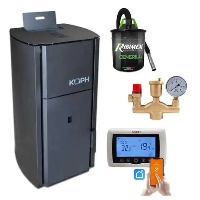 Pachet centrala cu peleti KOPH PM 30 kW, 200 mp, buncar peleti 30 kg, diametru cos fum ⌀80 mm, manta apa 30 litri, pompa recirculare si vas expansiune incorporate, Termostat inteligent KOPH CT99, Grup de siguranta, Aspirator cenusa