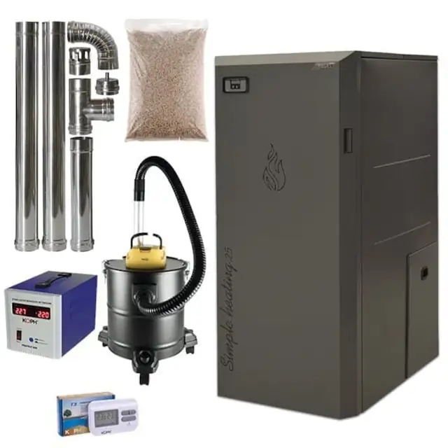 Pachet centrala cu peleti Lafat Compact 25 kW, 170 mp, buncar peleti 75 kg, volum apa 60 litri, diametru cos fum ⌀80 mm, vas expansiune si pompa recirculare incluse