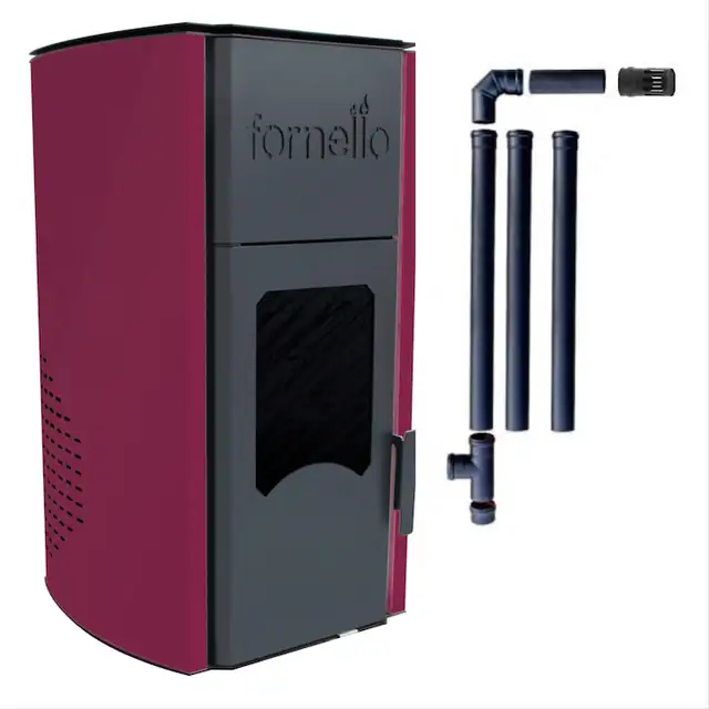 Pachet termosemineu centrala peleti Fornello Royal 25 kw, complet echipat pentru incalzire, pompa, vas expansiune, automatizare, telecomanda, buncar peleti tiraj fortat, Kit de evacuare gaze arse Dn 80 din otel negru