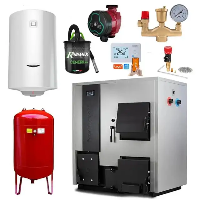 Pachet centrala mixta lemn/pelet Termax Combo 35 kW, volum manta apa 122 litri, Vas expansiune, Termostat inteligent KOPH I302, Pompa recirculare, Boiler termoelectric Ariston 100 litri