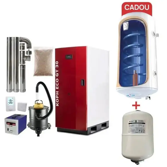 Pachet centrala termica cu peleti KOPH GT 30 kW, pompa de circulatie, vas de expansiune, supapa de siguranta, display electronic, Cadou Boiler Termoelectric Tesy 80 litri + Vas expansiune sanitar 12 litri