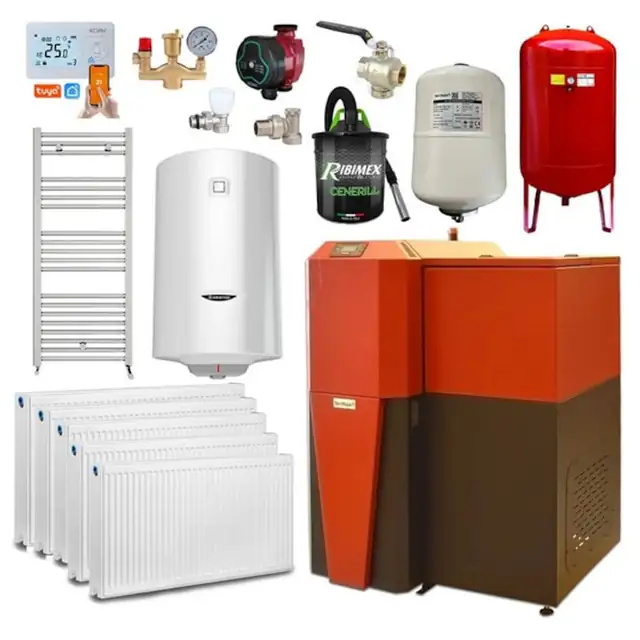 Pachet centrala mixta lemn/pelet Termax Tera 28 kW, 185 mp, buncar peleti 95 kg, volum manta apa 75 litri, diametru cos Ø120 mm, Termostat inteligent KOPH I302, Pompa recirculare, Boiler termoelectric 100 litri, Grup siguranta, Calorifere si Robineti