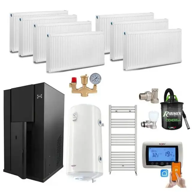 Pachet centrala termica cu peleti KOPH PM 40 kW, 250 mp, buncar peleti 100 kg, diametru cos fum ⌀100 mm, pompa recirculare si vas expansiune incorporate, Calorifere, Boiler Termoelectric Tesy 100 litri, Termostat inteligent KOPH CT99