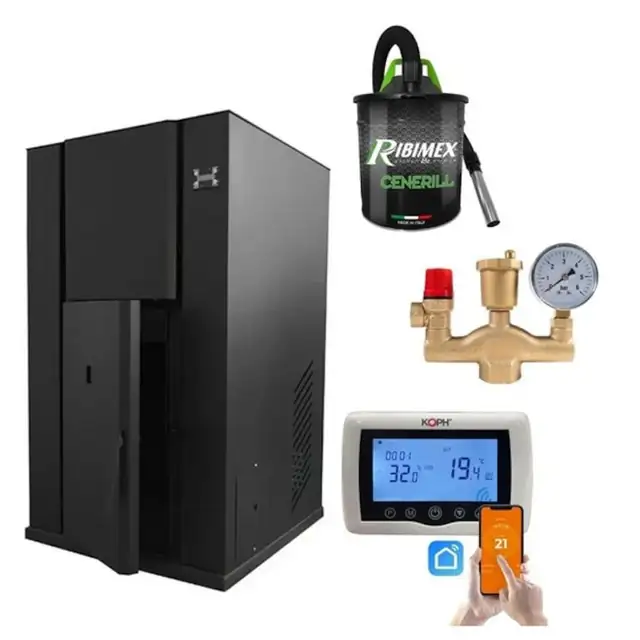 Pachet centrala termica cu peleti KOPH PM 40 kW, 250 mp, buncar peleti 100 kg, diametru cos fum ⌀100 mm, pompa recirculare si vas expansiune incorporate, Termostat inteligent Wi Fi KOPH, Grup de siguranta, Aspirator cenusa