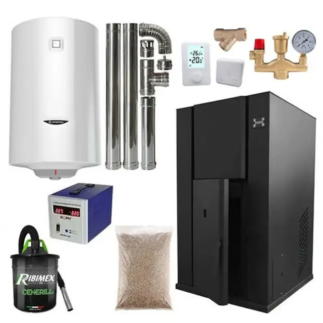 Pachet centrala termica cu peleti KOPH PM 40 kW, 250 mp, buncar peleti 100 kg, diametru cos fum ⌀100 mm, pompa recirculare si vas expansiune incorporate, Grup siguranta, Filtru Y si Boiler termoelectric Ariston 100 litri