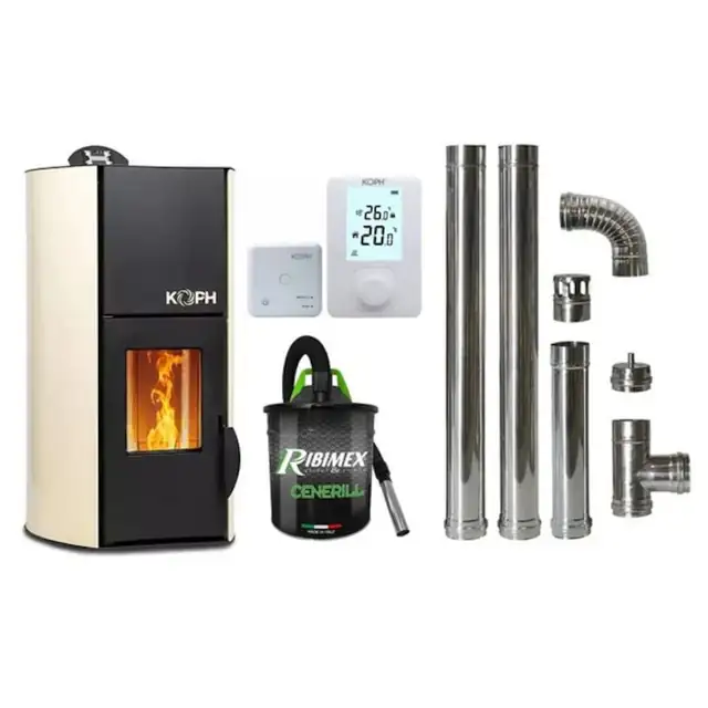 Pachet economic - Termosemineu pe peleti KOPH PM 12 kW, 80 mp, buncar peleti 12 kg, diametru cos fum ⌀80 mm, pompa recirculare si vas expansiune incorporate, Crem + Termostat ambiental KOPH 303RF + Aspirator cenusa 1000W + Cos fum inox de interior ⌀80 mm