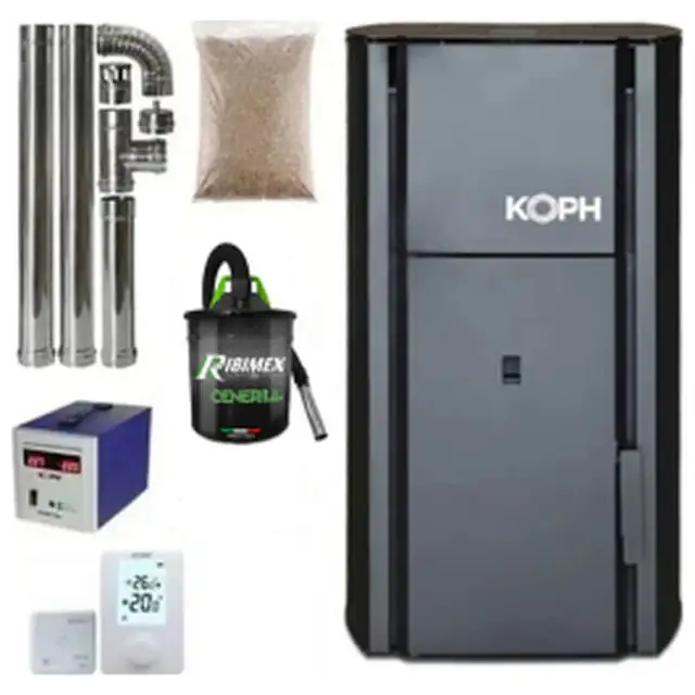 Pachet centrala cu peleti KOPH PM 30 kW, 200 mp, buncar peleti 30 kg, diametru cos fum ⌀80 mm, manta apa 30 litri, pompa recirculare si vas expansiune incorporate, Negru