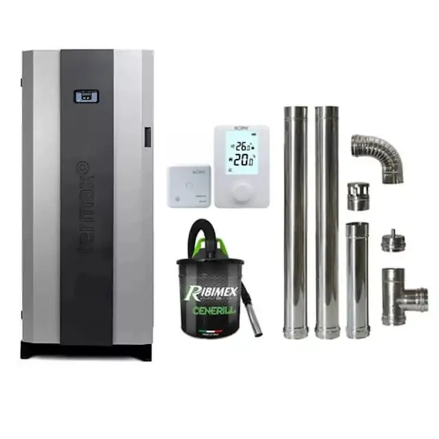 Pachet economic, Centrala cu peleti Termax Compact 30 kW, 200 mp, buncar peleti 90 kg, diametru cos fum ⌀80 mm, vas expansiune si pompa recirculare incluse + Termostat ambiental KOPH 303RF + Aspirator cenusa 1000W + Cos fum inox de interior ⌀80 mm