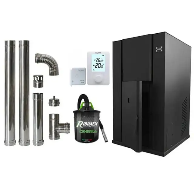 Pachet economic, Centrala termica cu peleti KOPH PM 40 kW, 250 mp, buncar peleti 100 kg, diametru cos fum ⌀100 mm, pompa recirculare si vas expansiune incorporate + Termostat KOPH 303RF + Aspirator cenusa 1000W + Cos fum inox de interior ⌀100 mm
