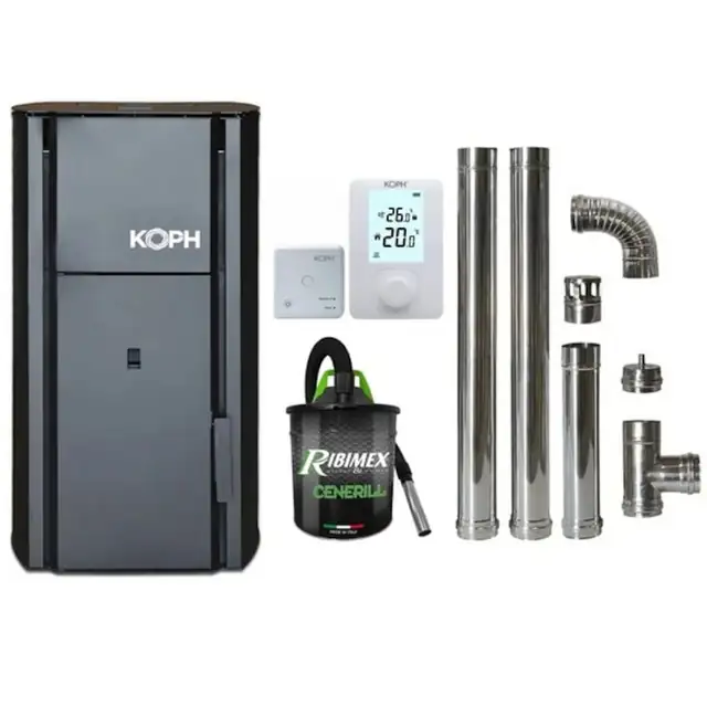 Pachet economic, Centrala cu peleti KOPH PM 30 kW, 200 mp, buncar peleti 30 kg, diametru cos fum ⌀80 mm, pompa recirculare si vas expansiune incorporate + Termostat ambiental KOPH 303RF + Aspirator cenusa 1000W + Cos fum inox de interior ⌀80 mm