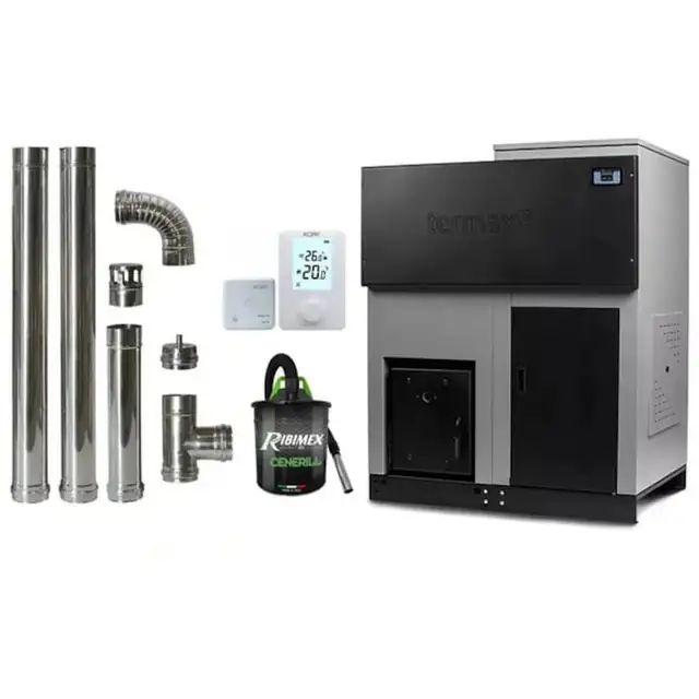 Pachet economic, Centrala cu peleti Termax ECO GRI 100 kW, 650 mp, buncar peleti 205 kg, volum apa 280 litri, diametru cos fum ⌀120 mm + Termostat ambiental KOPH 303RF + Aspirator cenusa 1000W + Cos fum inox de interior ⌀120 mm