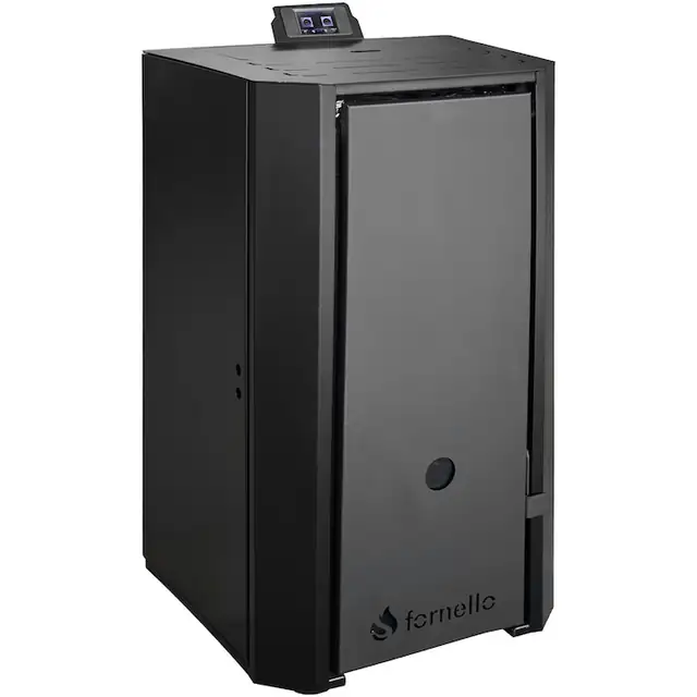 Centrala pe peleti Fornello EVA B Black 25 KW, pompa circulatie, vas expansiune, Grup siguranta, WI-FI, buncar, tiraj fortat, recomandat pentru 160 mp, Negru