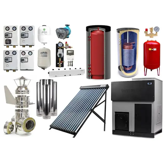 Pachet Max Confort - Colector solar cu 24 tuburi vidate echipate cu heat-pipe, control temperatura, Termax Solar, Grup pompare HERZ, Automatizare SR208C Wi-Fi, Vas expansiune solar 12 litri, Centrala peleti Termax Eco Gri 50 kW