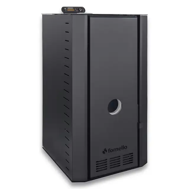 Cazan pe peleti Fornello SERENA B, 25 kw, complet echipat cu pompa de circulatie, vas de expansiune, supapa siguranta, telecomanda, culoare Black, arzator peleti din fonta, pentru suprafete pana la 150 mp