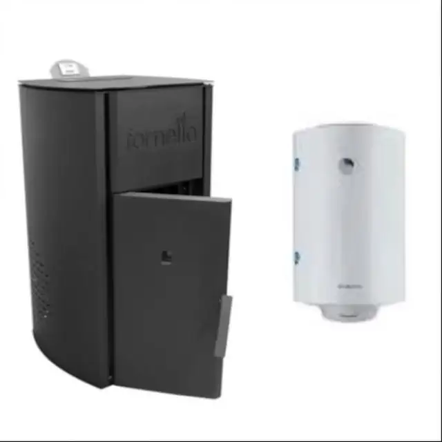 Pachet centrala peleti Fornello Royal B 25 kw, complet echipat pentru incalzire, pompa, vas expansiune, automatizare, telecomanda, buncar peleti tiraj fortat, culoare neagra + Boiler termoelectric Ariston Pro R Evo 80 litri VTD/VTS