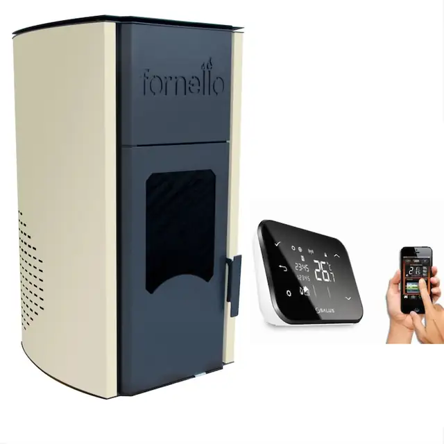 Termosemineu peleti Fornello Royal 25 kw WI FI, complet echipat pentru incalzire, pompa, vas expansiune, automatizare, telecomanda, buncar peleti tiraj fortat, control prin smartphone