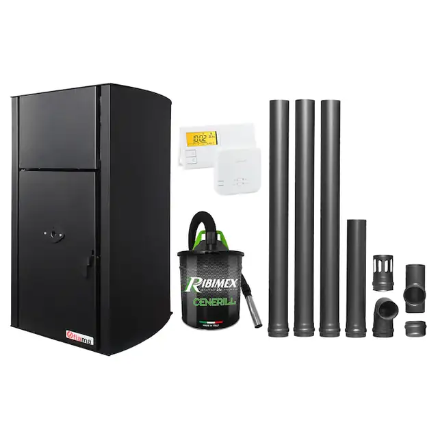 Set Centrala pe peleti Fiama Confort B 25 kw, complet echipata pentru incalzire, Pompa, Vas expansiune, Automatizare, Termostat Radio Comanda Salus 091FLRFV2, Aspirator Cenusa si Kit evacuare 3.5 ml