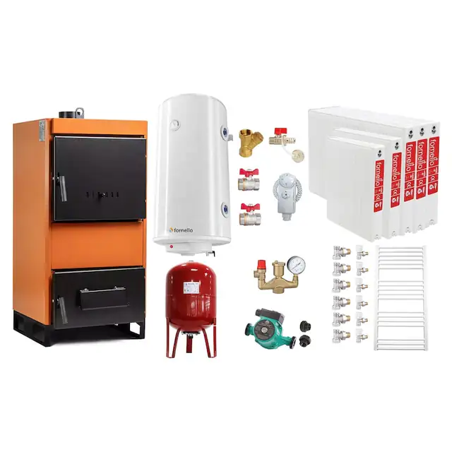 Set Centrala pe combustibil solid Fiama W 35 kW, Radiatoare Otel, Boiler Termoelectric, Vas Expansune, Pompa si Fitinguri Montaj