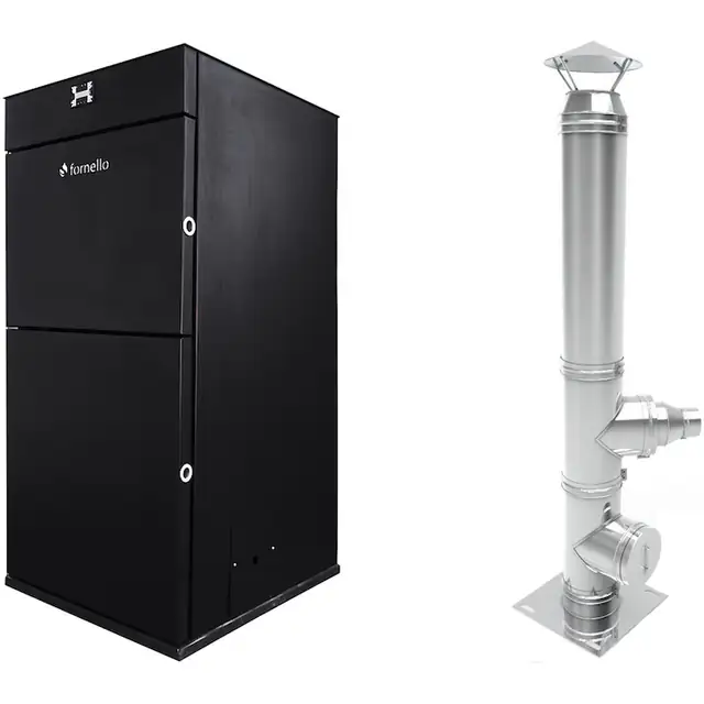 Pachet Centrala Fornello Pellet King 25 kw, complet echipata pentru incalzire, pompa circulatie, vas expansiune, automatizare, telecomanda, buncar peleti 70 kg, tiraj fortat, culoare neagra, aprindere automata si cos de fum Inox 5 metri dn 120 mm