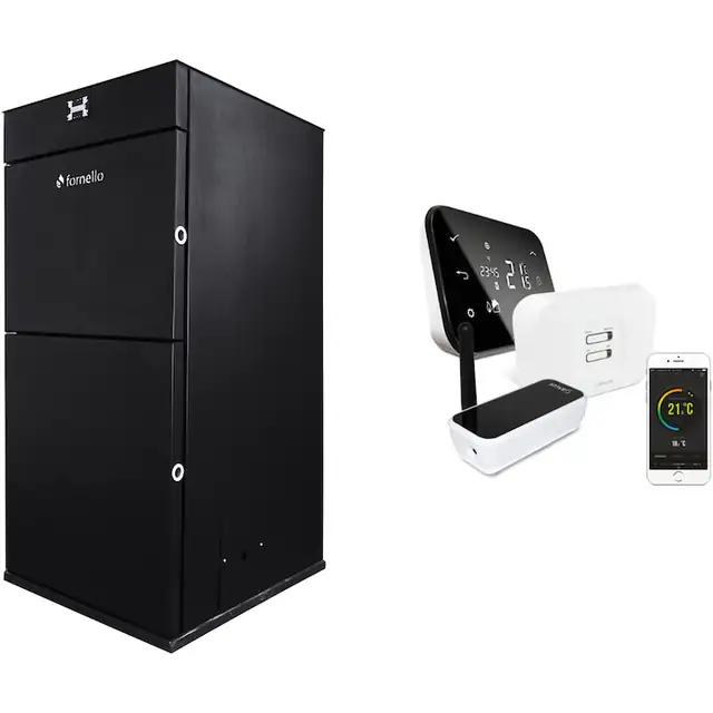 Centrala peleti Fornello Pellet King 30 kw WI FI, completa pentru incalzire, pompa circulatie, vas expansiune, telecomanda, buncar 70 kg, tiraj fortat, aprindere automata, curatare facila, modul pentru control prin smartphone, pornire de la distanta