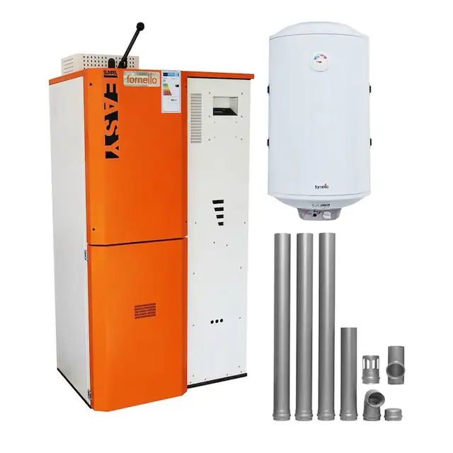 Pachet Centrala pe peleti Fornello Simpell Easy 40 kw, arzator din inox, pompa de circulatie, tiraj fortat, buncar 88 kg, Ecodesign A+, Boiler Termoelectric Fornello 100l, kit evacuare 100 mm, 3,5 metri si reductie 100 -120 mm