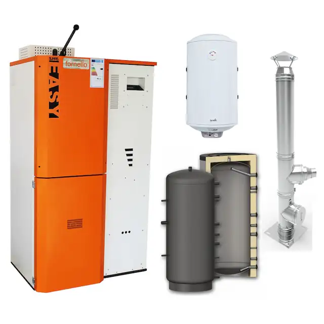 Pachet Centrala pe peleti Fornello Simpell Easy 40 kw, arzator din inox, pompa de circulatie, tiraj fortat, buncar 88 kg, Ecodesign A+, Puffer P 500l, Cos inox 6 ml 120 mm, Boiler Termoelectric Fornello 100l
