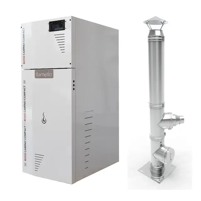 Pachet Centrala termica compacta pe peleti Fornello Rossi Camino Compact 35 kw, pompa de circulatie, vas expansiune, tiraj fortat, Ecodesign, A+, Cos inox 6 ml 120 mm