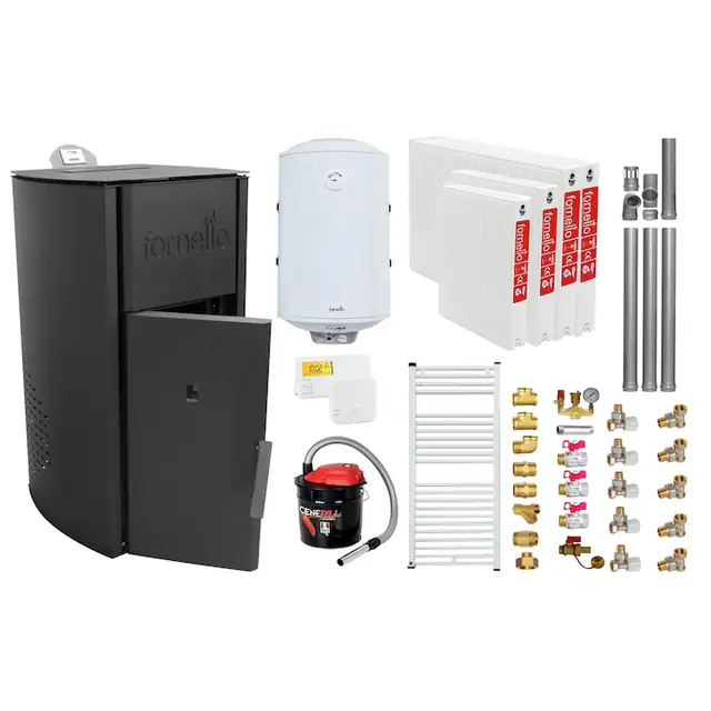 Pachet Centrala peleti Fornello Royal B 25 kw, complet echipata pentru incalzire, pompa circulatie, vas expansiune, automatizare, kit evacuare 3.5 ml, Boiler Termoelectric Fornello 100 l, Termostat Salus, Aspirator, Radiatoare si kit montaj