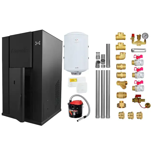 Pachet Centrala peleti Fornello Pellet King 35 kw, complet echipata pentru incalzire, pompa circulatie, vas expansiune, automatizare, kit evacuare 3.5 ml, Boiler Termoelectric Fornello 100 l, Termostat Salus 091FLRFV2, Aspirator si kit montaj