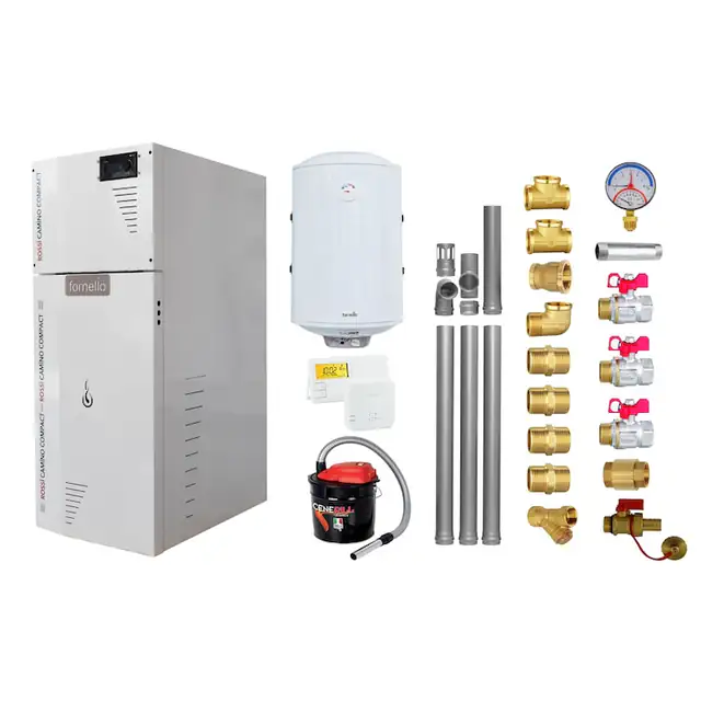 Pachet Centrala termica compacta pe peleti Fornello Rossi Camino Compact 25 kw, pompa de circulatie, vas expansiune, tiraj fortat, Ecodesign, A+, Kit evacuare 3.5 ml, Boiler Termoelectric Fornello 100 l, Termostat Salus, Aspirator si Kit montaj