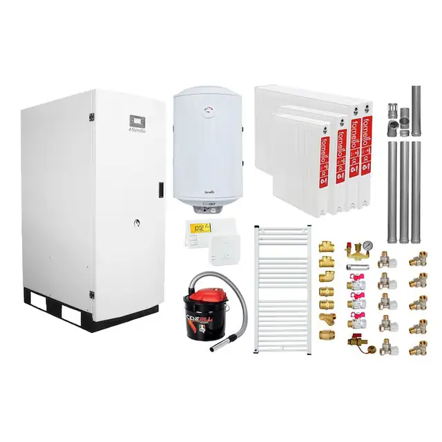 Set Centrala termica pe peleti Fornello GT 25 Standard, echipata cu pompa circulatie Wilo, vas expansiune, manometru, calorifere, boiler fornello 100 l, kit evacuare 3.5 ml, Termostat Radio Comanda Salus 091FLRFV2 si Aspirator Cenusa, fitinguri