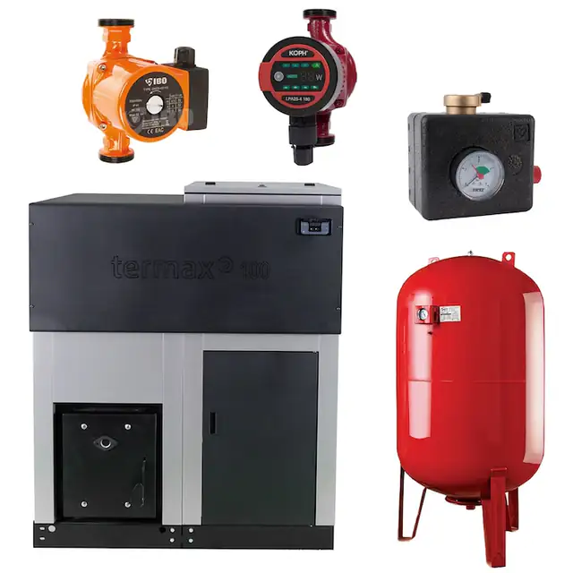 Pachet centrala cu peleti Termax ECO, 50 kW, vas expansiune 50 litri, pompa de circulatie electronica KOPH 32-6 180 mm, pompa de circulatie electronica IBO 25-4 180 mm, grup de siguranta Herz