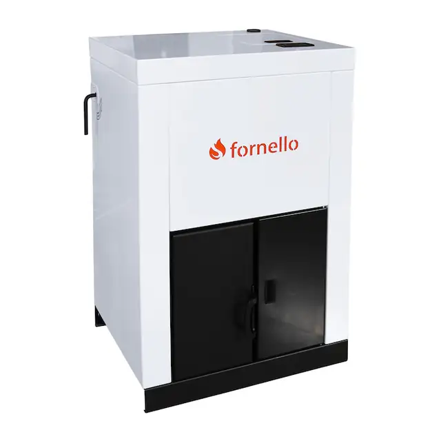Centrala pe peleti Fornello Eco Energy 25 kW, echipata cu automatizare, afisaj digital, arzator fonta, curatare mecania a drumurilor de fum, buncar peleti integrat 45 kg