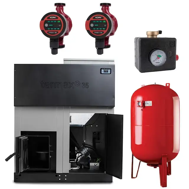 Pachet centrala cu peleti Termax ECO GRI 100 kW, vas expansiune 100 litri, pompe de recirculare, grup de siguranta Herz