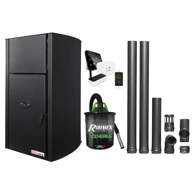 Set control de la distanta, Centrala pe peleti Fiama Confort B 25 kw, complet echipata pentru incalzire, Pompa, Vas expansiune, Automatizare, Termostat, Aspirator Cenusa si Kit evacuare 2.5 ml